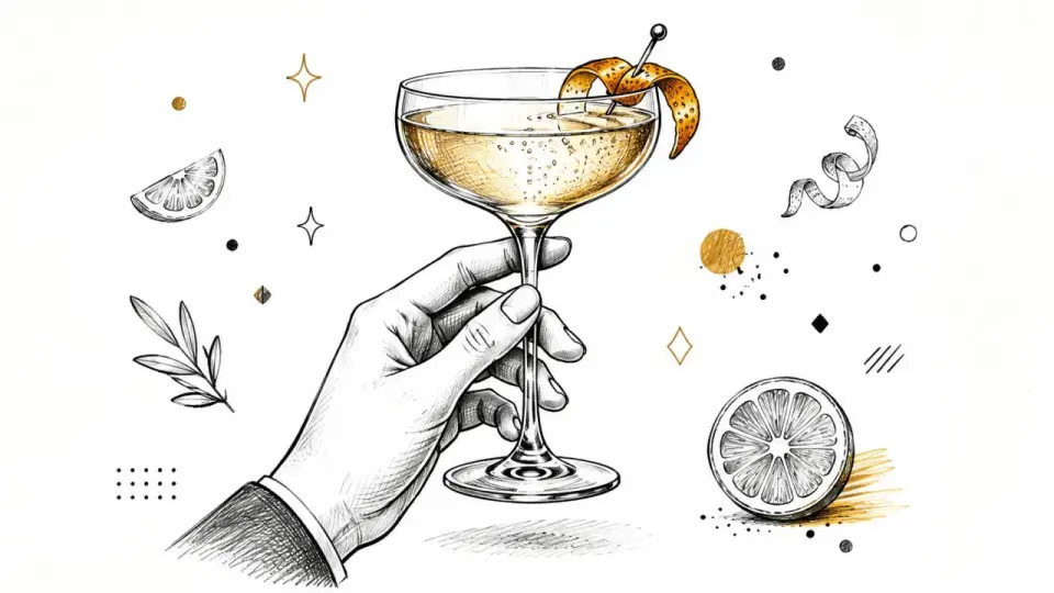 Dłoń trzyma kieliszek z drinkiem, ozdobiony skórką pomarańczy. Obok plaster pomarańczy i gałązka. Czy to drink z triple sec?